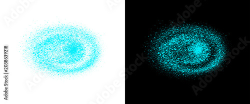 Cyan spray paint texture on white and black background, neon blue aerosol splatter effect, abstract circular paint drip element for graphic design png