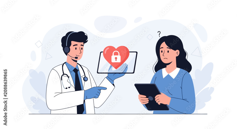 Fototapeta premium Doctor Explains Secure Heart Health Data on Tablet to Confused Patient, Telemedicine Concept