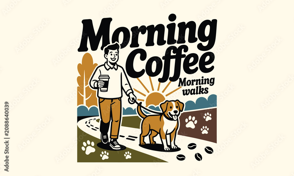 Fototapeta premium Man Walking Dog on Path with Morning Coffee Retro Vintage Illustration