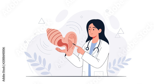 Doctor Explaining Ear Anatomy and Hearing Health with Stylized Illustration