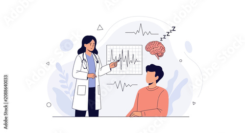 Doctor Explains Brain Activity and Sleep Study Results to Patient, Illustrating EEG and Neurological Health