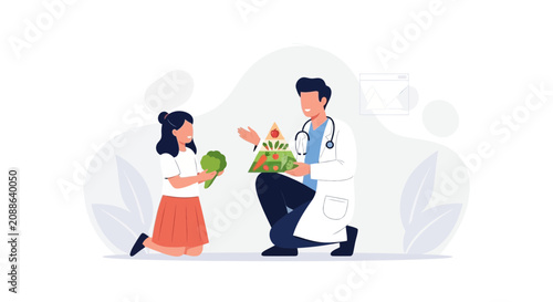 Doctor Explains Healthy Eating Pyramid to Child with Broccoli, Vector Illustration