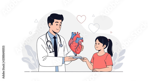 Doctor Explains Heart Anatomy to Child with Anatomical Model, Medical Education Concept Illustration