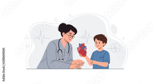 Doctor Explains Heart Anatomy to Young Patient, Illustrating Pediatric Cardiology and Health Education