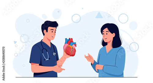 Doctor explains heart anatomy to patient in a modern flat illustration style, medical consultation concept