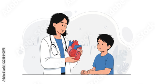 Doctor explains heart health to young patient with anatomical model, medical illustration