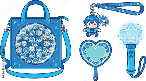 Cute Blue Fan Merchandise Set with Ita Bag Keychain Doll Heart Mirror and Light Stick Kawaii Illustration Bundle
