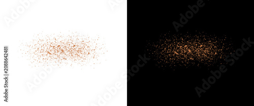 Brown powder explosion isolated on white and black backgrounds, cocoa dust splash, coffee ground scatter texture
