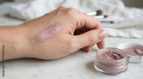 Female hand with swatch of metallic pink eyeshadow on wrist, small jar of loose powder and makeup brushes in the background on a marble surface