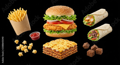 Fast food assortment featuring a cheeseburger, chicken wrap, fries, popcorn, lasagna, and chocolate squares on a black background for food photography