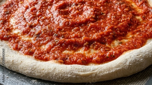 Raw pizza dough topped with tomato sauce, featuring a rich red color and a textured surface, placed on a round baking tray ready for further preparation