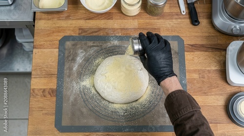 Chef dusting raw pizza dough with flour on a wooden countertop, surrounded by various ingredients and kitchen tools in a professional kitchen setting