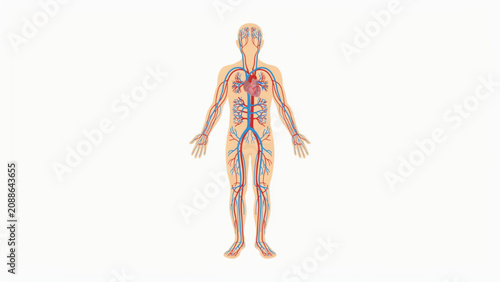 Bild auf Leinwand Anatomical human body diagram with circulatory and nervous system highlighted in