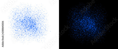 Blue spray paint texture set, grainy splatter effect on white and black backgrounds, abstract stipple spray particles for graphic design and street art