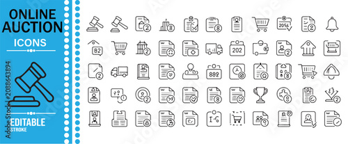 Online Bidding Marketplace and Payment Line Icon Set