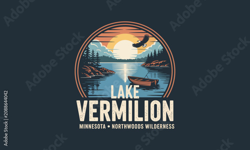 Vintage Round Logo Design with Lake Sunset and Forest Silhouette in Dark Blue and Orange Tones