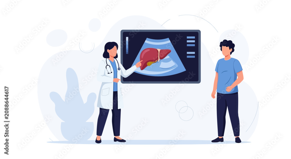 Obraz premium Doctor showing ultrasound scan of liver to patient, healthcare concept illustration