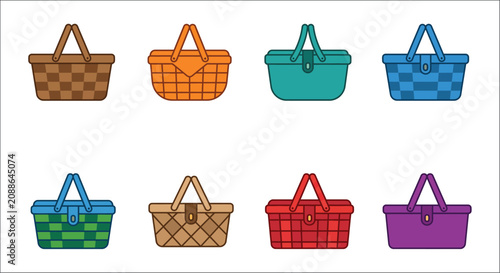Fotografía Colorful Picnic Baskets Vector Illustration Set On White Background basket wicke