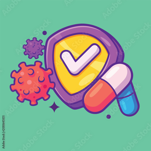 Immune Protection Shield with Pill and Virus Cartoon Vector