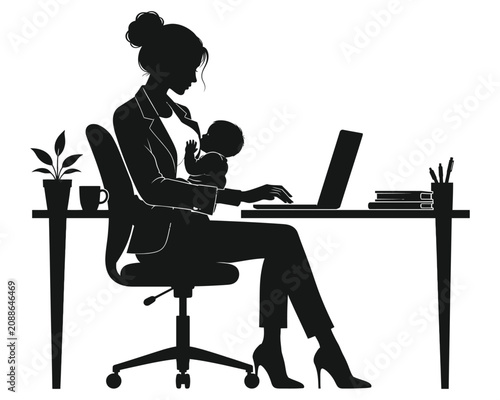 Business woman multitasking breastfeeding baby while working on laptop vector silhouette