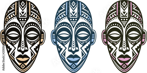 Set of three tribal African masks with geometric patterns vector graphic design
