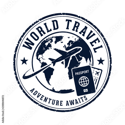Vintage world travel stamp with airplane passport and globe vector design element