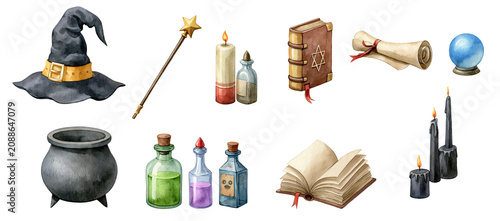 witchcraft item illustration watercolor style clipart, PNG transparent background, collection set