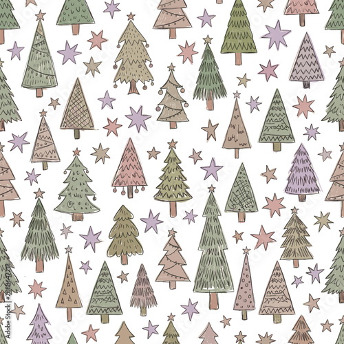 Seamless Pattern of Hand Drawn Christmas Trees and Stars on White Background