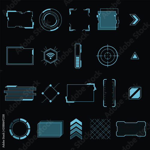 Set of futuristic HUD UI elements, sci-fi interface frames, and digital data indicators on a dark background