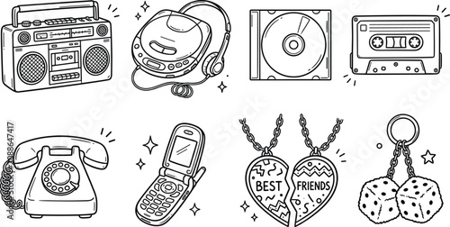 Retro 90s Icon Set with Boombox CD Player Cassette Tape Rotary Phone Flip Phone and Best Friends Necklace Illustration Bundle