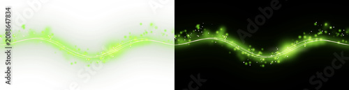 A radiant green magic light wave featuring bright glowing lines and starry dust particles, isolated on transparent background