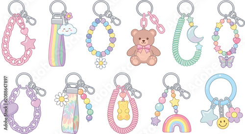 Foto Cute Pastel Keychain Set with Chain Link Teddy Bear Rainbow Beaded Bracelet and