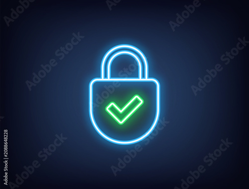 Outline neon cyber security, blue green. Neon digital lock with tick icon, reliable data protection. Internet security, lock with checkmark, secure information storage, safety control. Vector