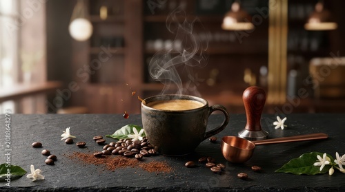 Steaming cup of coffee with a splash and coffee beans on a dark slate surface hot coffee cup
