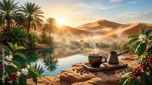 Steaming Coffee Cup in Desert Oasis at Sunrise with Palm Trees and Dunes drink