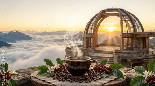 Coffee Cup on Table at Mountain Top Gazebo with Sunrise and Cloud Sea View steaming drink