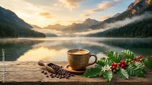 Steaming Coffee Cup and Beans with Mountain Lake Sunrise Landscape coffee beans scoop
