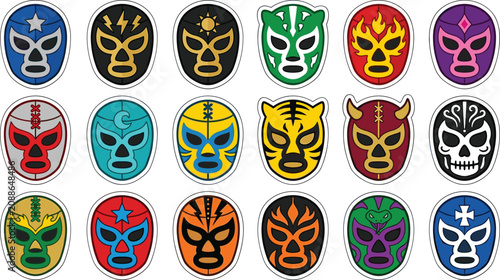 Bild auf Leinwand Colorful Lucha Libre Wrestler Mask Sticker Set with Skull Tiger Flame and Bold T