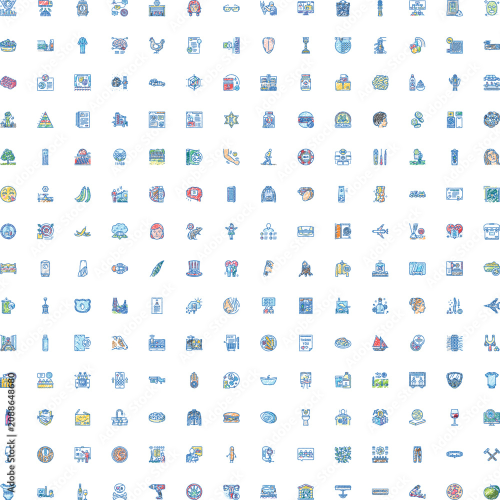 Fototapeta premium Set of diverse outline vector icons displaying a wide range of concepts including business, technology, travel, medical, and everyday objects, all in sketch style