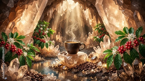 Steaming Coffee Cup Amidst Crystal Cave and Coffee Plants Keywords: coffee, cup, steaming, hot beverage, cave, crystal, geode, cavern, natural