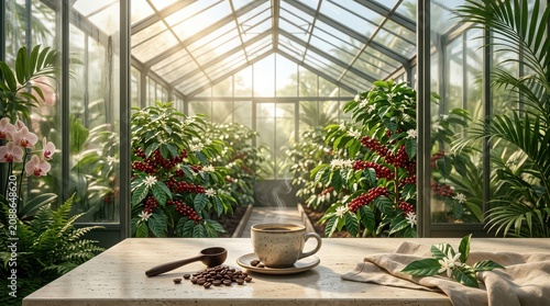 Coffee Cup in Greenhouse with Coffee Plants and Orchids Keywords: coffee, cup, steaming, hot beverage, greenhouse, glasshouse, conservatory, coffee