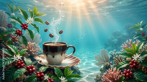 Coffee Cup Floating Underwater Surrounded by Coral and Coffee Plants Keywords: coffee, cup, steaming, hot beverage, underwater, ocean, sea, coral