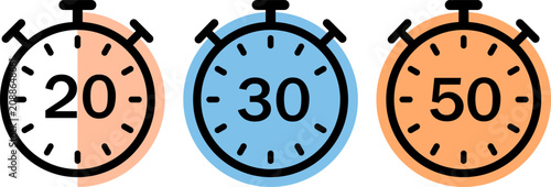Photos Three colorful stopwatch icons showing twenty thirty and fifty seconds duration