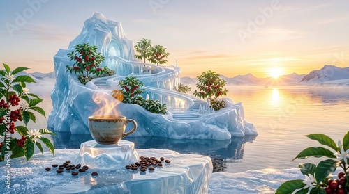 Steaming Coffee Cup on Iceberg Island with Coffee Plants and Sunrise hot beverage