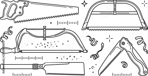 Hand saws carpentry hand tools vector illustration set with hacksaw bow saw folding saw shavings and ruler markings