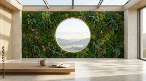 Modern living room with a circular window and a living moss wall Keywords: living room, interior, modern, design, architecture, moss wall, living