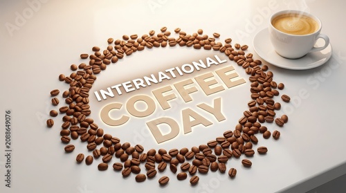 International Coffee Day text surrounded by coffee beans with a cup of coffee beverage