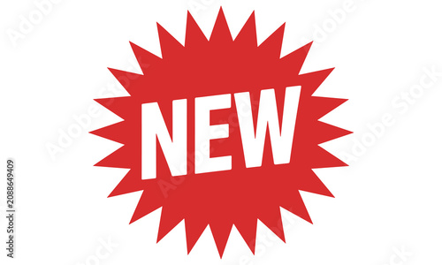 Foto Bright red starburst shape featuring bold white text that clearly announces a ne