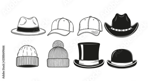 Collection of diverse headwear styles illustrated in black and white