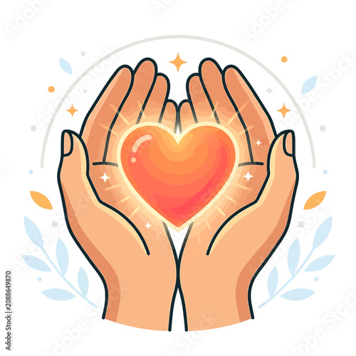 Illustration of Caring Hands Holding a Glowing Heart for Charity and Health